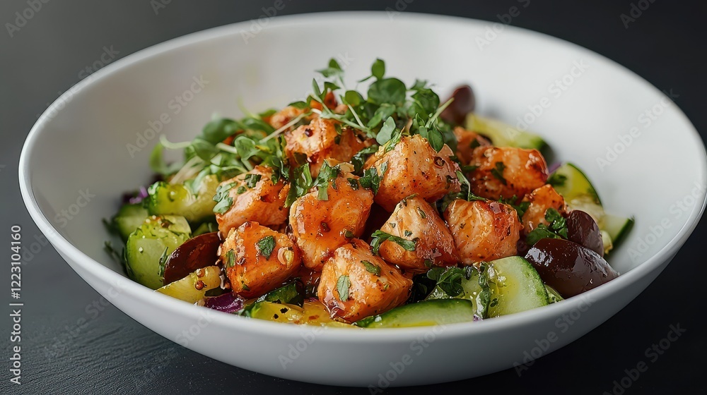 A vibrant salad featuring grilled chicken, fresh vegetables, and herbs, presented in a white bowl against a dark background. A vibrant salad featuring grilled chicken, fresh vegetables, and herbs, presented in a white bowl against a dark background.