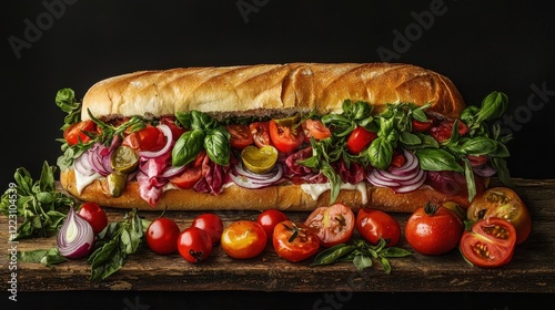 A vibrant sandwich adorned with fresh ingredients like tomatoes, onions, and basil, set against a dark background, showcasing a delicious meal. photo