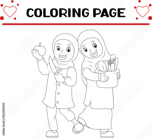 two girls is holding fruit pail vegetables coloring page for kids