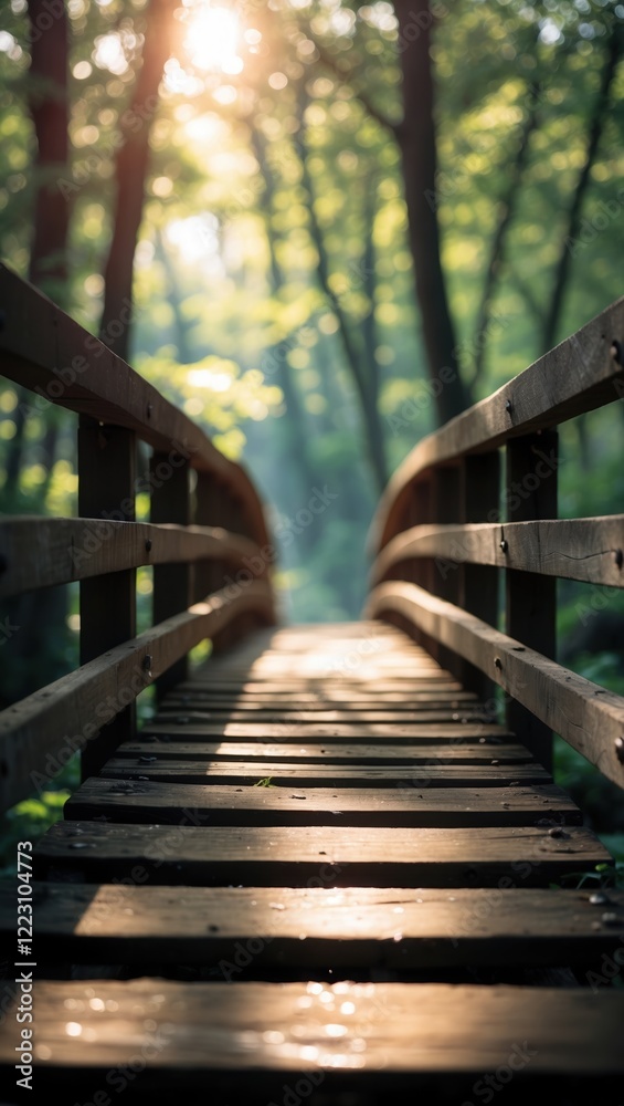 Fototapeta premium Tranquil Wooden Bridge in Sunlit Forest