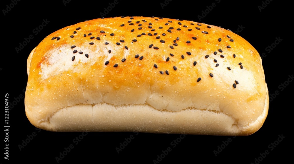 Freshly Baked Soft Bread Roll Topped with Black Sesame Seeds Isolated on Black Background Freshly Baked Soft Bread Roll Topped with Black Sesame Seeds Isolated on Black Background