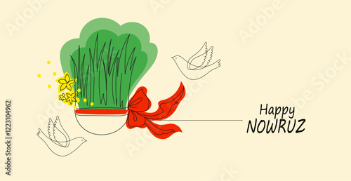 Happy nowruz doodle hand drawn banner. Holiday greeting card. vector flat  illustration.