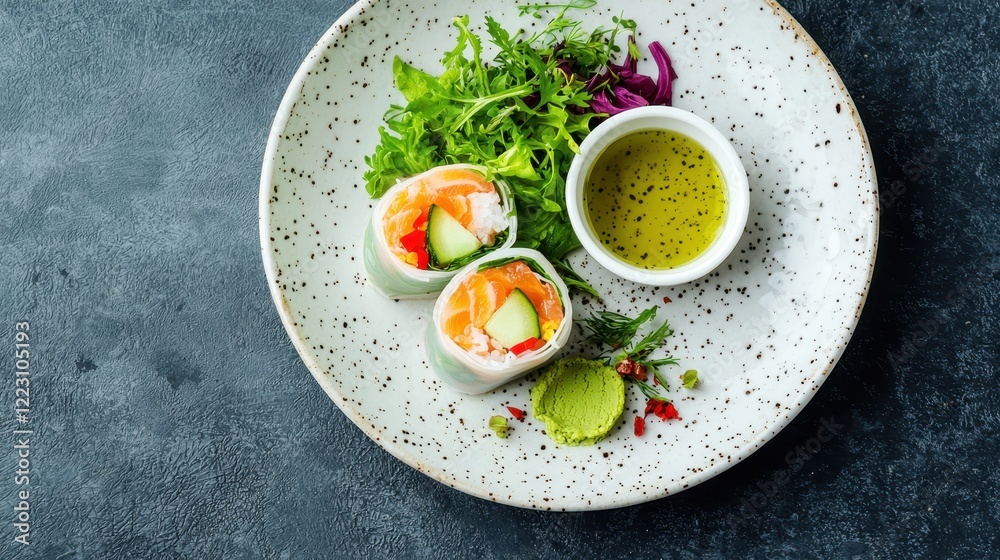 Fresh sushi rolls with salmon, accompanied by a vibrant salad and a small bowl of dipping sauce on a textured plate. Fresh sushi rolls with salmon, accompanied by a vibrant salad and a small bowl of dipping sauce on a textured plate.
