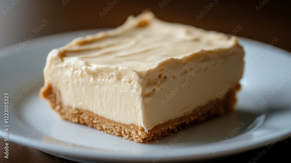 Creamy, golden cheesecake bar on a white plate. Creamy, golden cheesecake bar on a white plate.