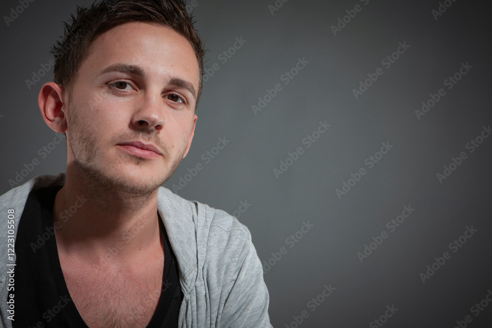Obraz premium Male Model. A series of casual poses by a male model in the photo studio sets against a neutral backdrop.