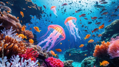 Vibrant coral reef with colorful jellyfish and marine life