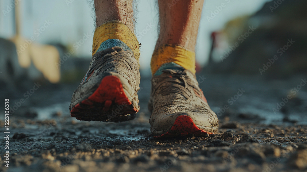 Close up of muddy running shoes on dirt path, showcasing adventure and grit Close up of muddy running shoes on dirt path, showcasing adventure and grit