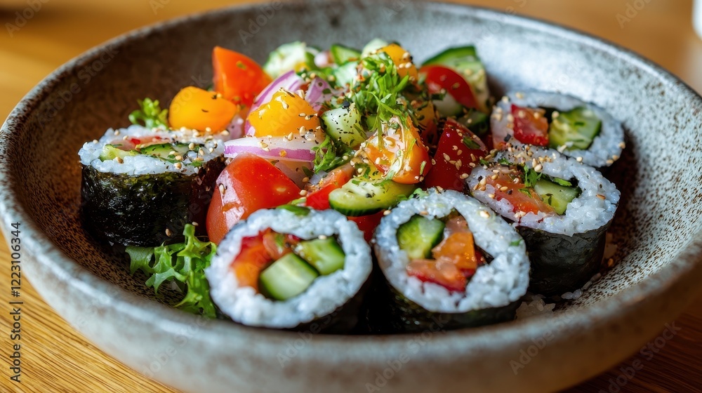 A vibrant plate of sushi rolls surrounded by fresh vegetables, showcasing a colorful and appetizing presentation. A vibrant plate of sushi rolls surrounded by fresh vegetables, showcasing a colorful and appetizing presentation.