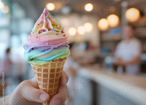 \A close-up of a hand holding a delightful rainbow ice cream cone, the vibrant colors swirl in a waffle cone, promising a sweet and refreshing treat in a bustling cafe.