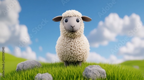 Cute Cartoon Sheep Standing on Green Grass Under Blue Sky photo