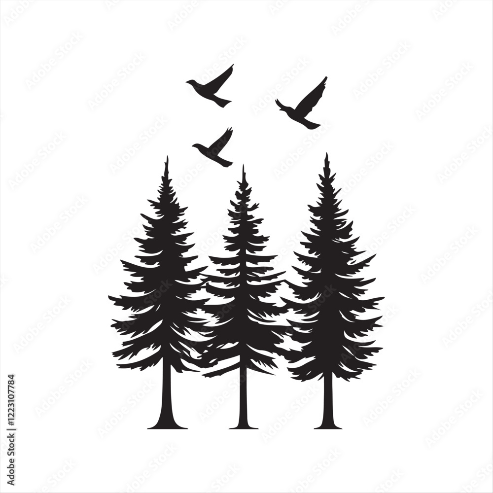 Fototapeta premium set of Silhouette of Pine Trees with Flying Birds isolated Vector Design on White Background
