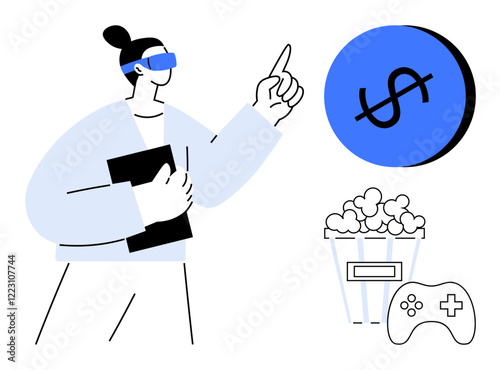 Person with VR headset holds tablet, points at floating dollar icon. Nearby are popcorn and game controller. Ideal for technology, VR, gaming, finance, entertainment, digital interaction user