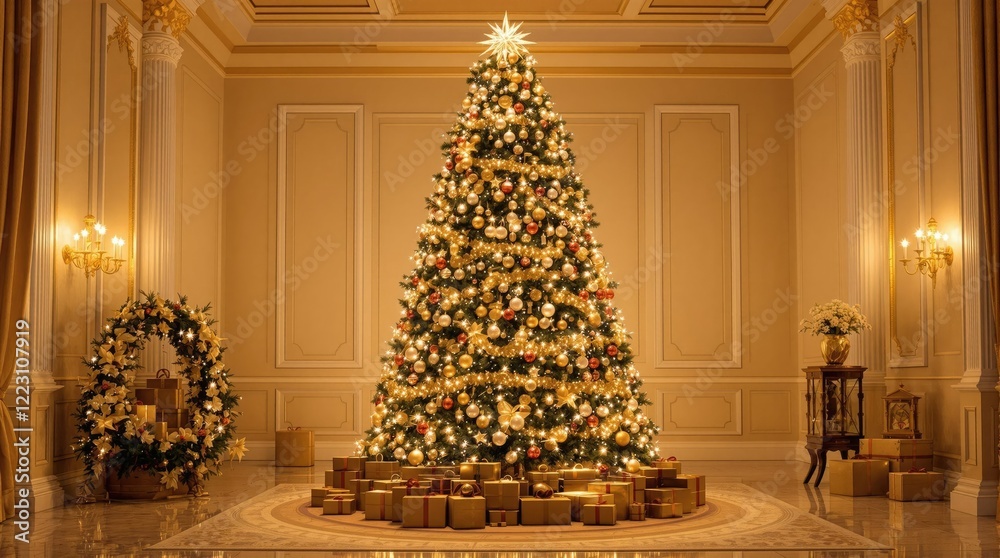Fototapeta premium Christmas tree with ornaments and garlands in a cozy room, room, christmas tree, cozy