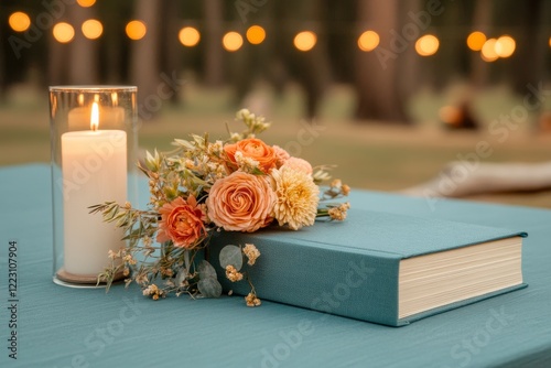 Romantic Teal Guest Book: A teal guest book rests on a table adorned with a delicate arrangement of peach and cream roses, accented by eucalyptus. A softly lit candle adds to the romantic ambiance.  