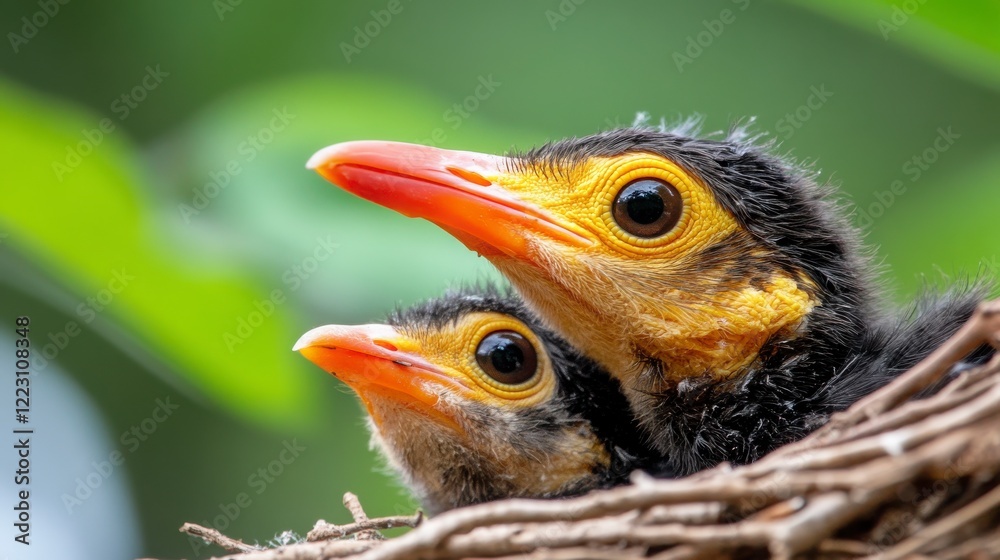 Close-Up of Two Baby Birds in Nest with Soft Feathered Bodies Close-Up of Two Baby Birds in Nest with Soft Feathered Bodies