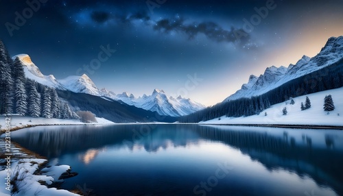 A stunning winter landscape with gently curving white snow-capped mountains in the distance. photo