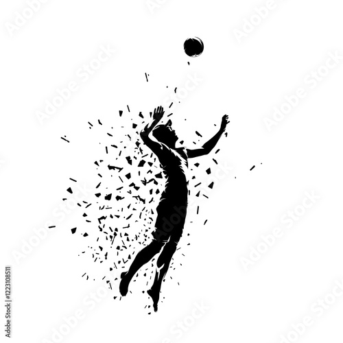 Beach volleyball player serving ball, isolated vector silhouette, distorted sports illustration