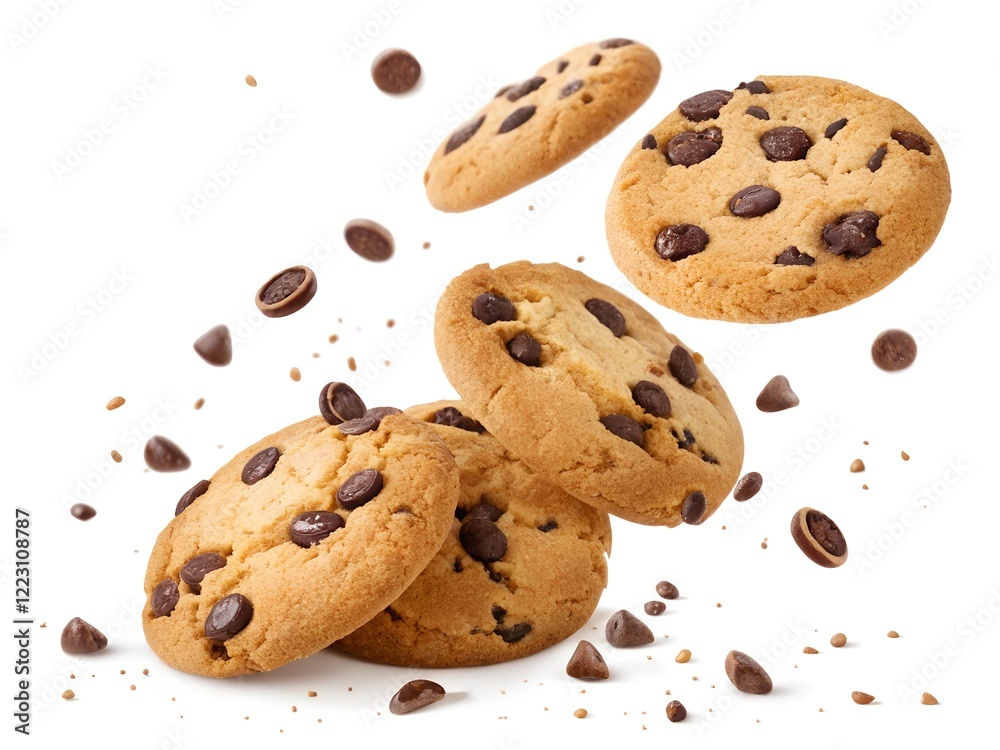 Delicious Chocolate Chip Cookies Falling in Mid-Air Delicious Chocolate Chip Cookies Falling in Mid-Air