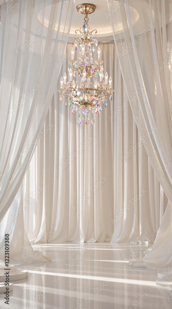 Classy photo studio with crystal chandelier and ethereal white drapery, high-end, serene, fancy, setting, upscale Classy photo studio with crystal chandelier and ethereal white drapery, high-end, serene, fancy, setting, upscale