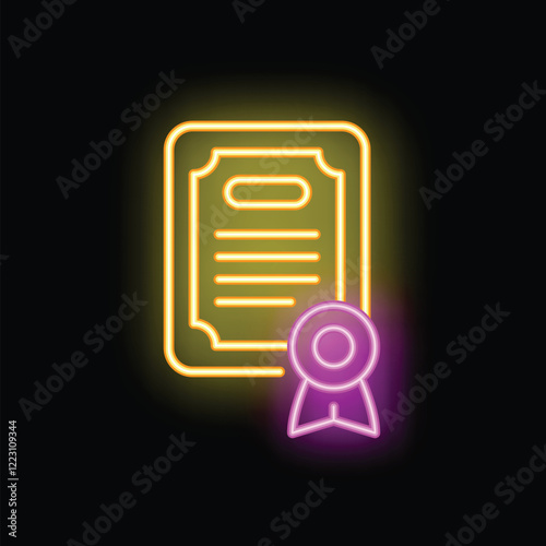 Neon sign of a certificate with an approving quality seal badge glowing on a black background