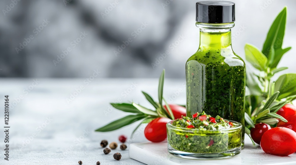 Green herb sauce, oil, and cherry tomatoes on marble. Food photography for recipe blogs Green herb sauce, oil, and cherry tomatoes on marble. Food photography for recipe blogs