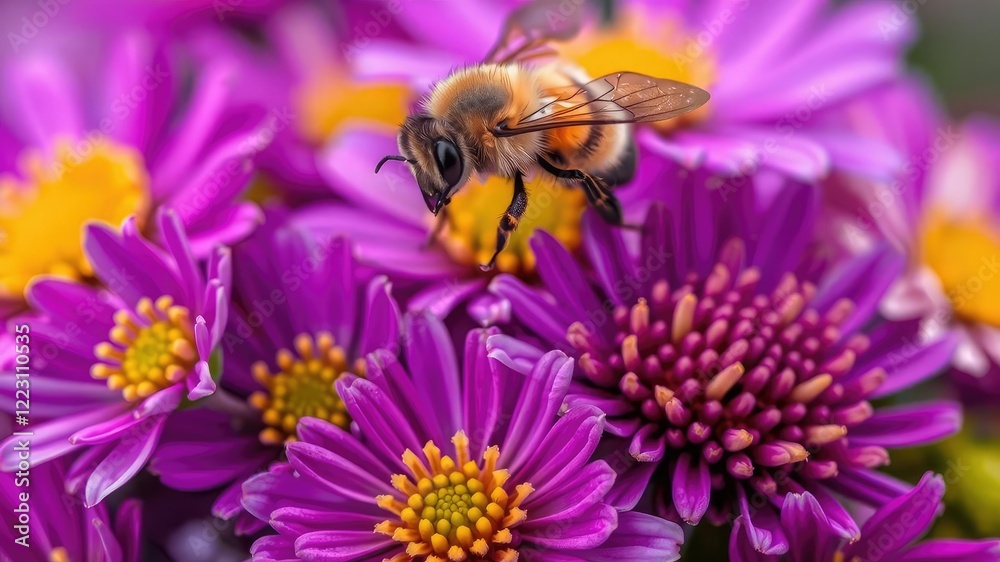 Close-up of a honeybee hovering above a cluster of colorful flowers, nature, blossoms