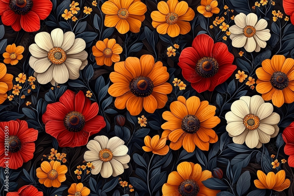 Vibrant and Bohemian Floral Pattern with Sunflowers Poppies and Daisies on Earthy Brown Backdrop Vibrant and Bohemian Floral Pattern with Sunflowers Poppies and Daisies on Earthy Brown Backdrop