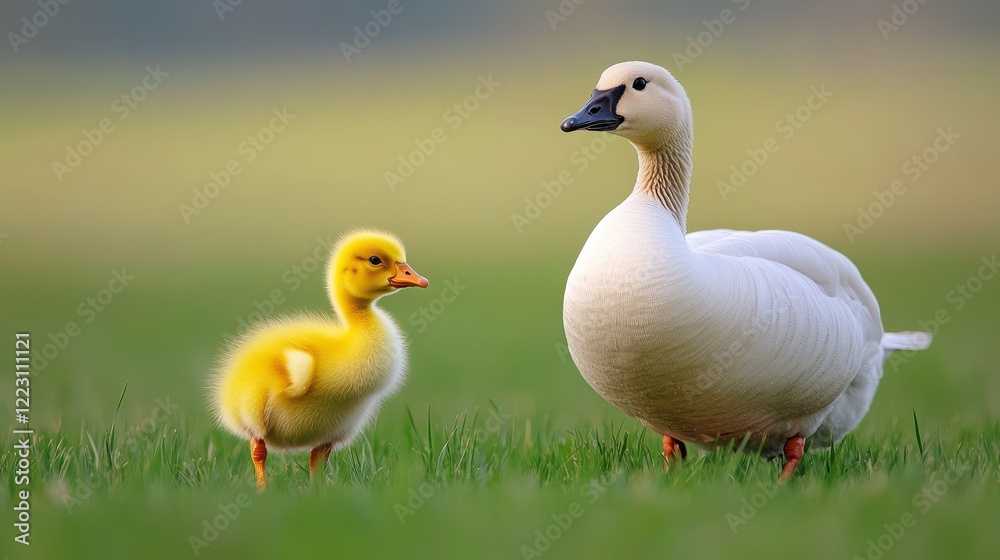 Charming Yellow Duckling and Elegant White Goose on Green Grass Charming Yellow Duckling and Elegant White Goose on Green Grass