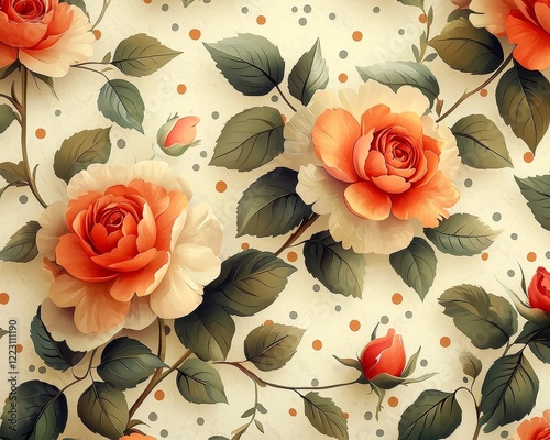 Wallpaper Mural Soft Pastel Floral Peony Rose Pattern on Polka Dot Background Image Torontodigital.ca