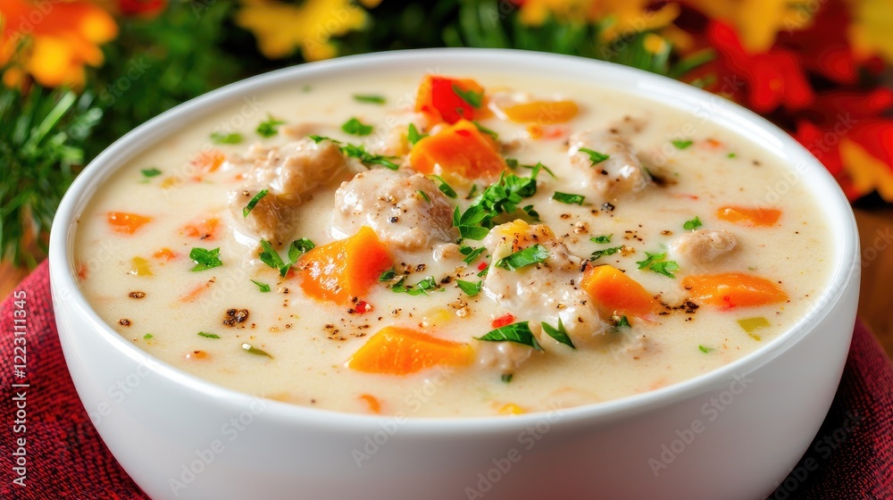 Creamy Autumn Chicken Soup, fall vegetables, close-up, wooden table, recipe illustration Creamy Autumn Chicken Soup, fall vegetables, close-up, wooden table, recipe illustration