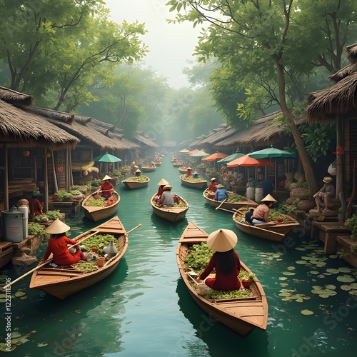 an artistic depiction of a floating market made entirely of bamboo boats