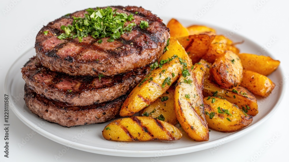 Juicy grilled burger patties with roasted potato wedges on a plate Juicy grilled burger patties with roasted potato wedges on a plate