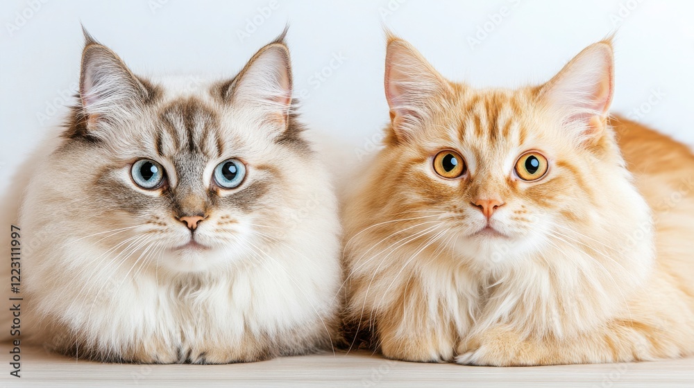 Two Beautiful Cats with Distinctive Eyes and Fluffy Fur Two Beautiful Cats with Distinctive Eyes and Fluffy Fur