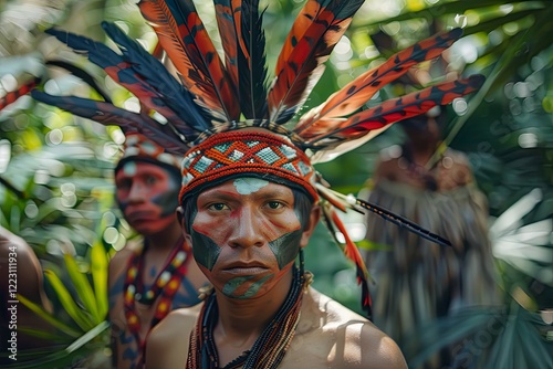 Indigenous man with traditional face paint and feather headdress photo