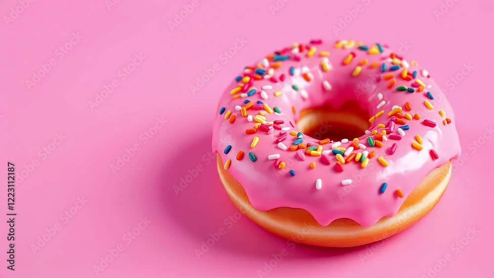 A single pink donut with colorful sprinkles sits on a pink background. Sweet, delicious treat. A single pink donut with colorful sprinkles sits on a pink background. Sweet, delicious treat.