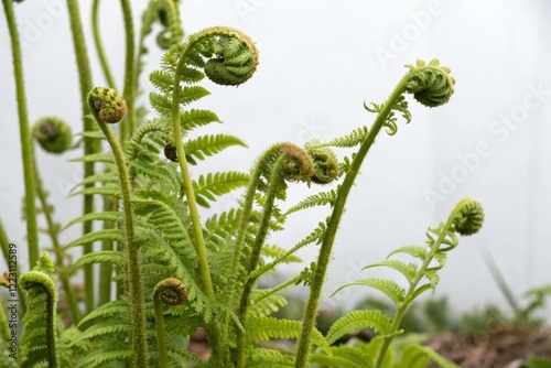 Close-up of fern fronds slowly opening up, greenery, nature photography, flowerbed, leaves unfolding photo