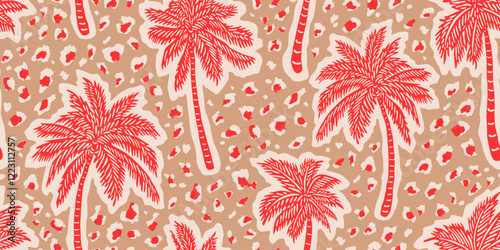 Tropical palm trees pattern with leopard background. Hawaii summer fashion for fabric, textiles, clothing, poster, cover, packaging, decoration, banner, wallpaper, interior decor. Vector illustration.