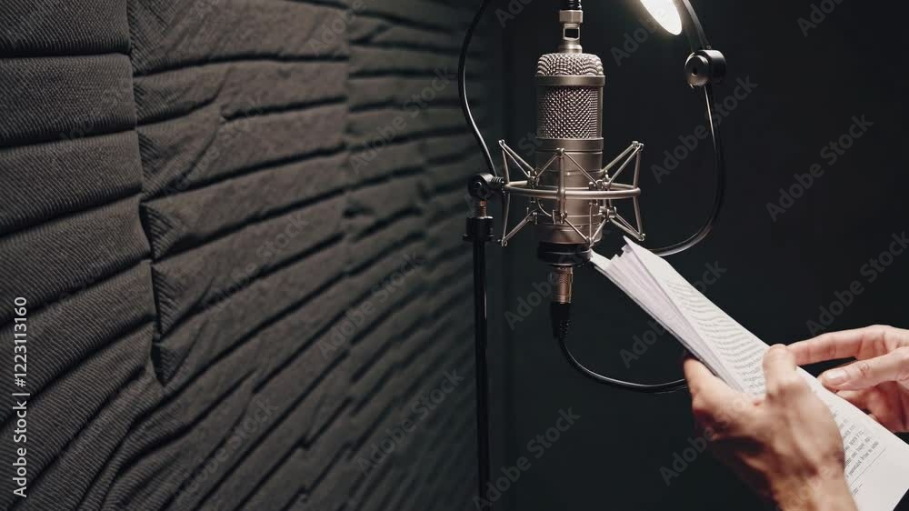 Voiceover recording session highlights featuring a microphone and script preparation