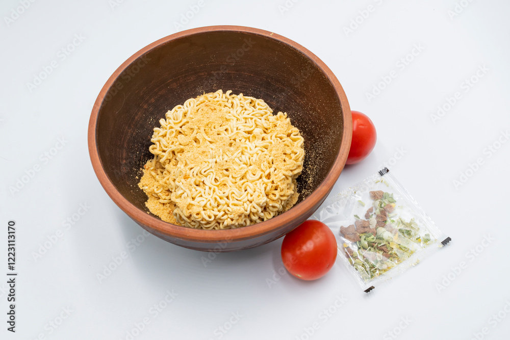 Instant pasta with herbs and spices in a bowl on a white background. Instant pasta with herbs and spices in a bowl on a white background.