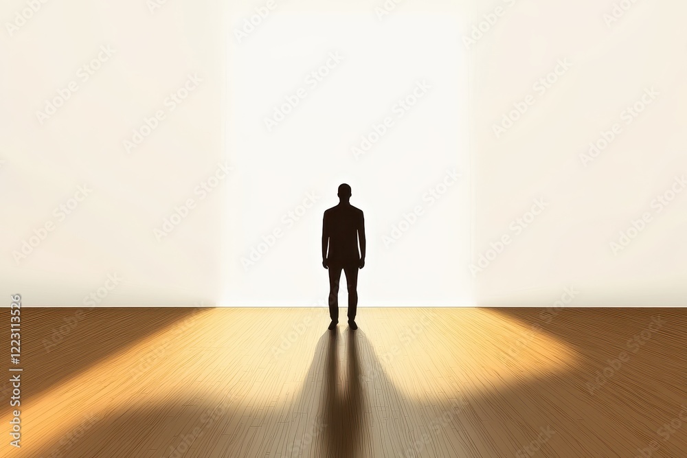 Silhouette of a Person Standing Alone in a Minimalist Space with Bright Light Streaming Through an Open Door, Symbolizing Opportunity and Hope Silhouette of a Person Standing Alone in a Minimalist Space with Bright Light Streaming Through an Open Door, Symbolizing Opportunity and Hope