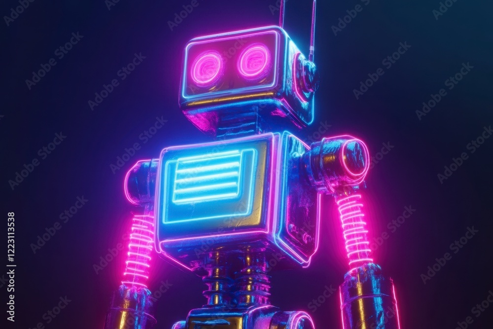Naklejka premium Neon Robot with Retro Design and Colorful Lighting Effects