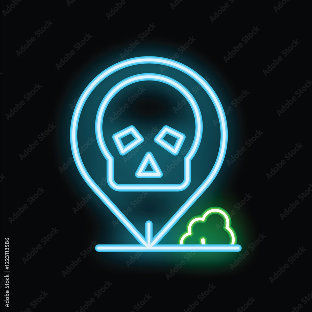 Glowing neon line icon of a skull location pin pointing a toxic area on a black background Glowing neon line icon of a skull location pin pointing a toxic area on a black background