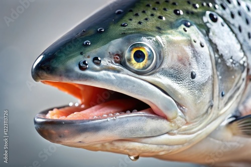 Close-up of salmon's mouth with slime coating, mucus, slime, scales, fish