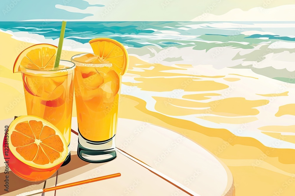 Obraz premium Refreshing orange drinks sit on beachside table, waves gently ro