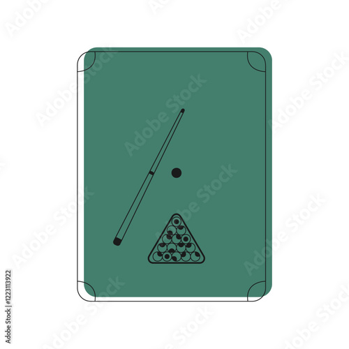 Minimalist billiard table vector illustration with cue, balls and triangle rack. Sports-related design, bar, pub, game room, billiards-themed content.