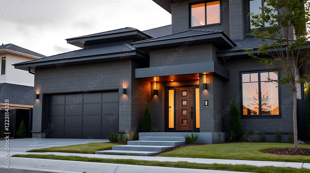 Obraz premium Modern Gray House Exterior: Luxury Home Design and Architecture. Stunning Contemporary Home Facade at Dusk