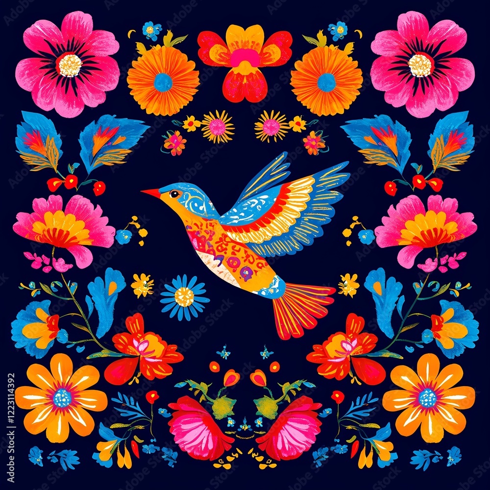 Obraz premium A colorful folk art pattern featuring stylized birds and vibrant flowers on a dark background.