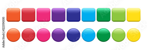 Round button circle and square shape, glossy colorful badge, shiny rainbow 3d push pin isolated on white background. Color gradient sticker set. Rainbow vector illustration