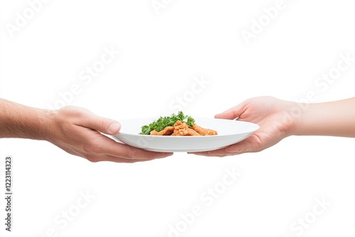 Two hands exchanging a plate of food with greens, set against a clean, white background