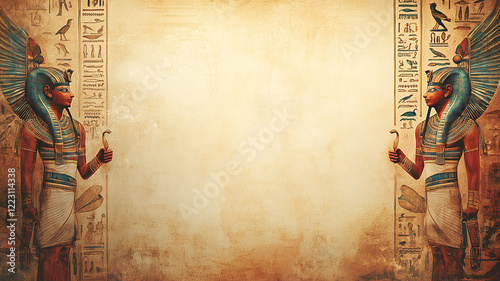 Ancient Egypt concept background with empty copy space. Egyptian queen horizontal banner. Ancient Egyptian Goddess creative poster. Digital painting in photo style. AI artwork.